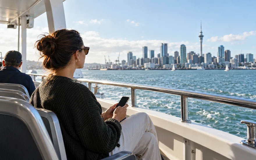 22BET app: an adult using a phone aboard an Auckland harbour ferry