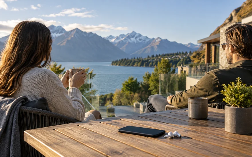 22BET app: a phone and earbuds on a balcony table overlooking a mountain lake near Queenstown