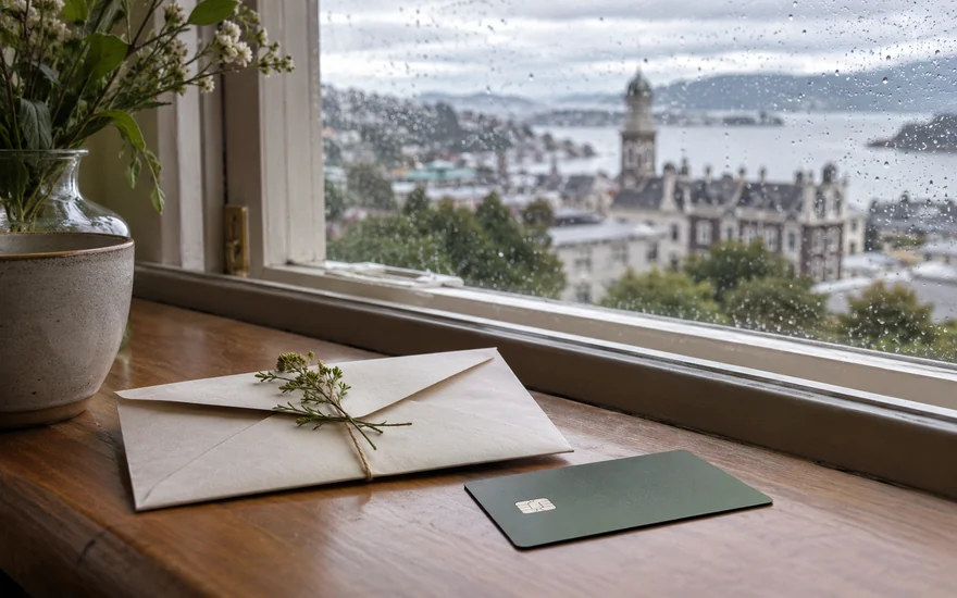22BET bonus: a plain envelope and unmarked card on a windowsill above a New Zealand town