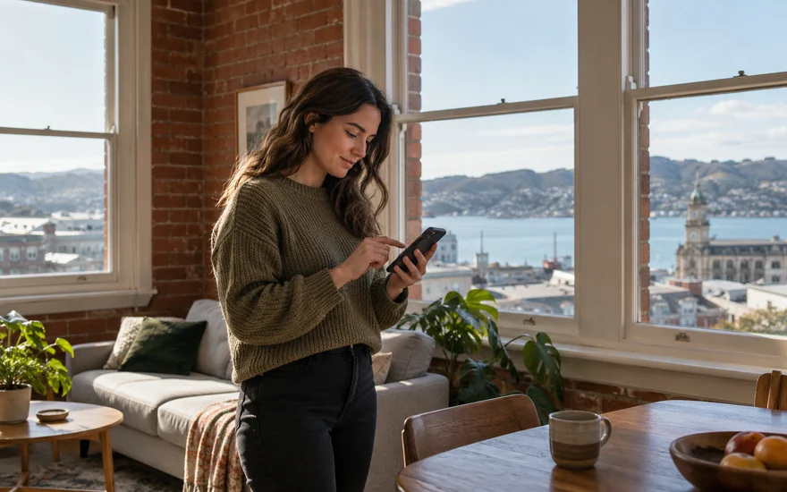 22BET login: an adult checking a smartphone beside a large window overlooking a New Zealand harbour