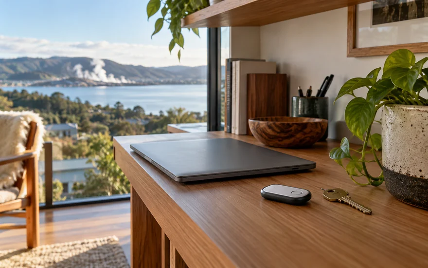 22BET login: keys and a closed laptop on a wooden desk overlooking a New Zealand lake
