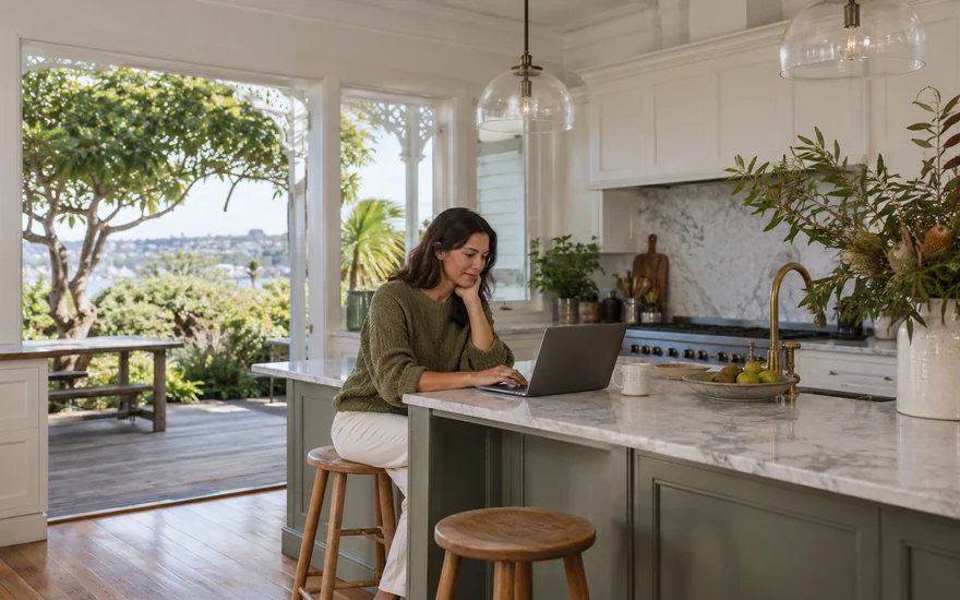 22BET: an adult working at a kitchen island beside an open garden door in a New Zealand villa
