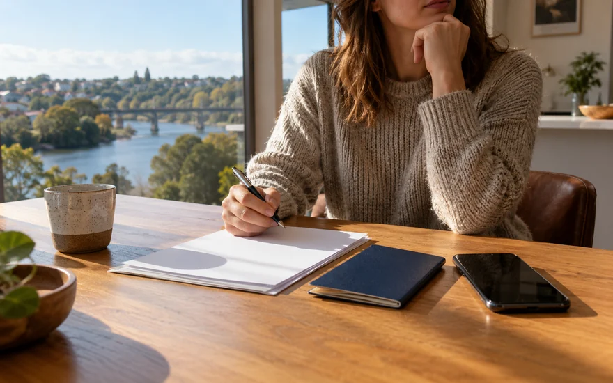 22BET: an adult reviewing blank paperwork beside a phone at a sunlit New Zealand dining table