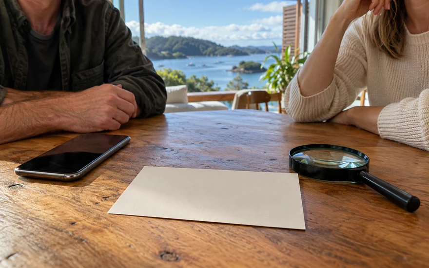 22BET promo code: a magnifying glass beside a blank voucher and phone on a New Zealand dining table
