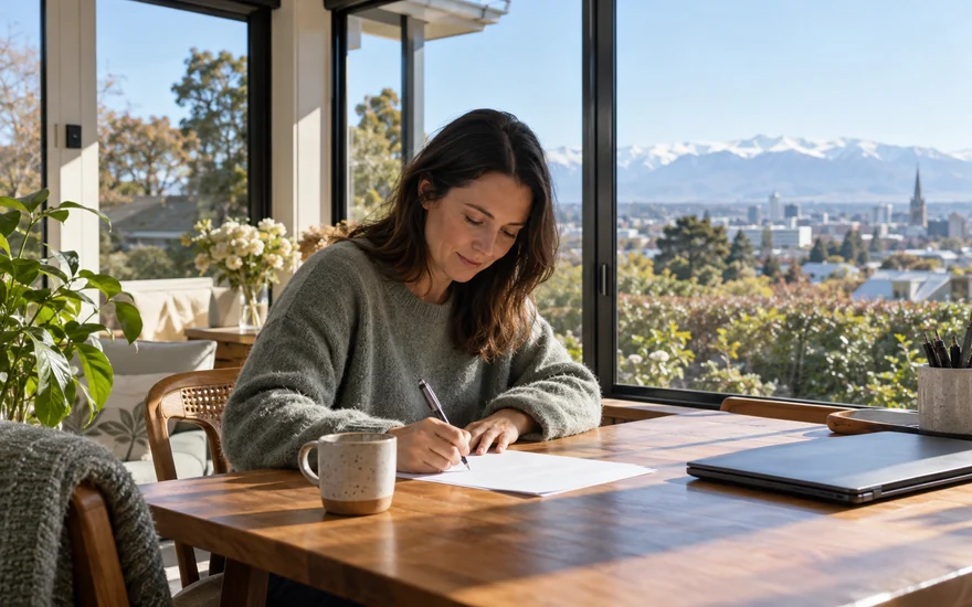 22BET registration: an adult completing paperwork at a garden-facing desk in a bright New Zealand home