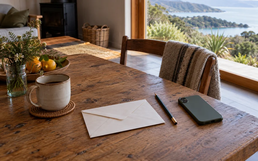 22BET registration: a blank envelope and phone on a cottage table overlooking a New Zealand bay