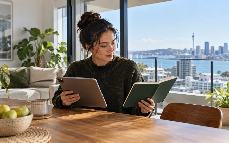 22BET review: an adult comparing a tablet with a notebook in an Auckland apartment
