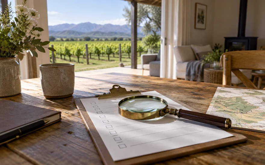 22BET review: a magnifying glass and plain checklist on a desk overlooking New Zealand vineyards