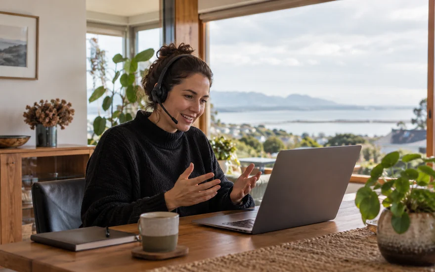 22BET customer support: an adult wearing a headset at a laptop in a bright New Zealand home office