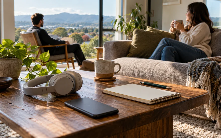 22BET customer support: headphones, a phone and an open blank notebook on a New Zealand living-room table