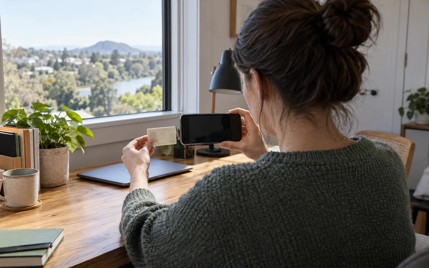 22BET verification: an adult photographing an unmarked document at a home desk overlooking a New Zealand city
