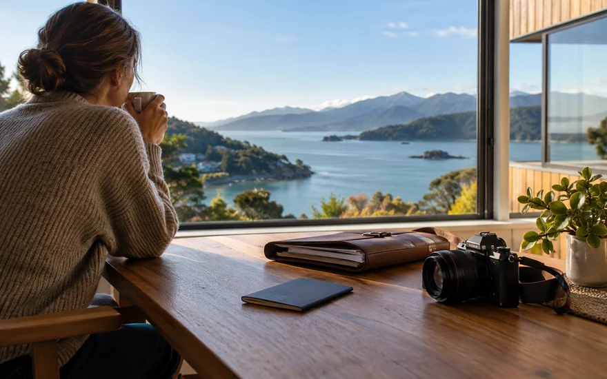22BET verification: a plain document folder, closed passport and camera beside a New Zealand bay window