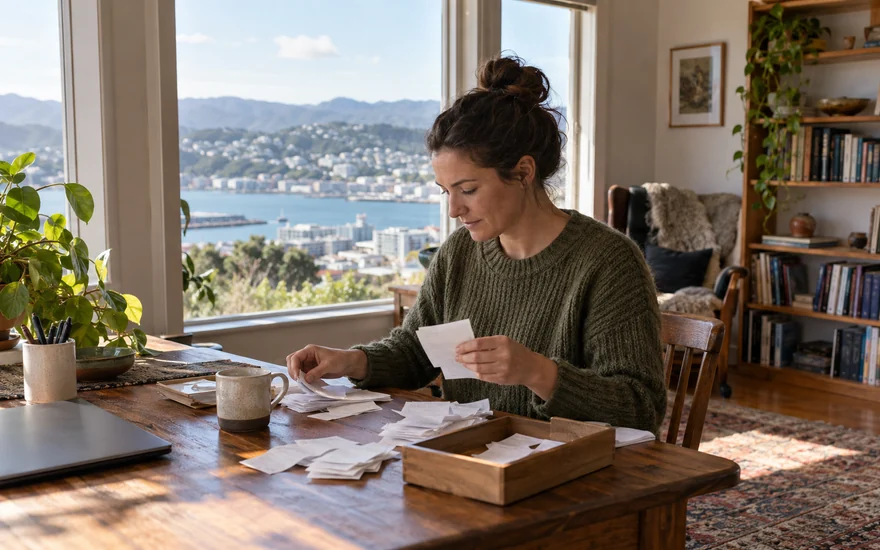 22BET withdrawal: an adult organizing payment records at a timber desk overlooking a harbour