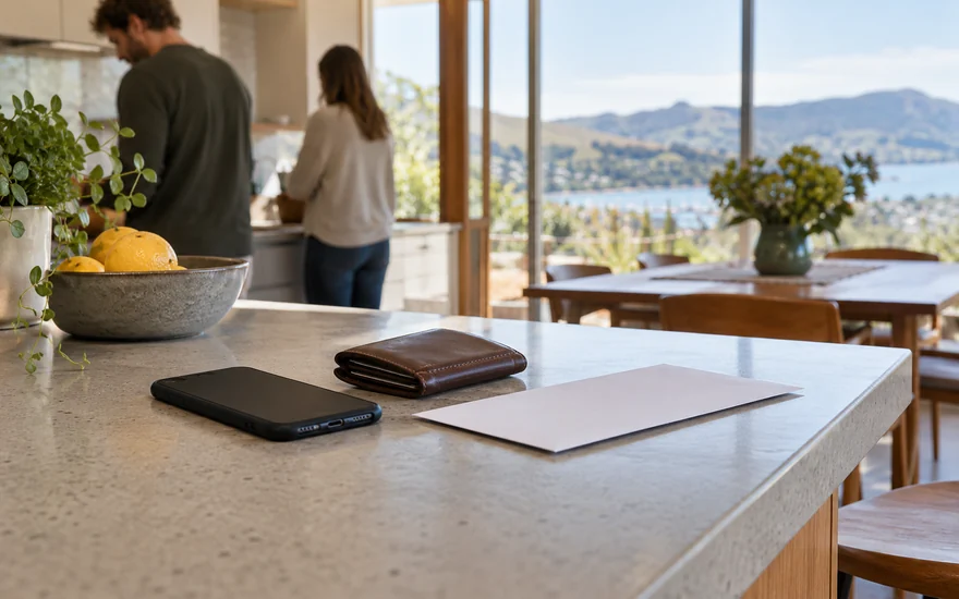22BET withdrawal: a phone, closed wallet and plain envelope on a New Zealand kitchen counter
