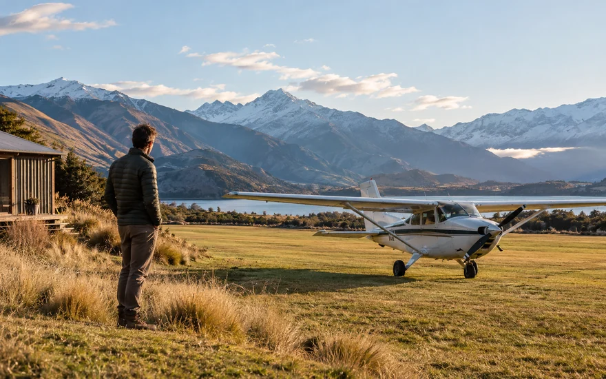 Aviator NZ: an adult standing beside a small unmarked aircraft at a mountain airstrip near Wanaka