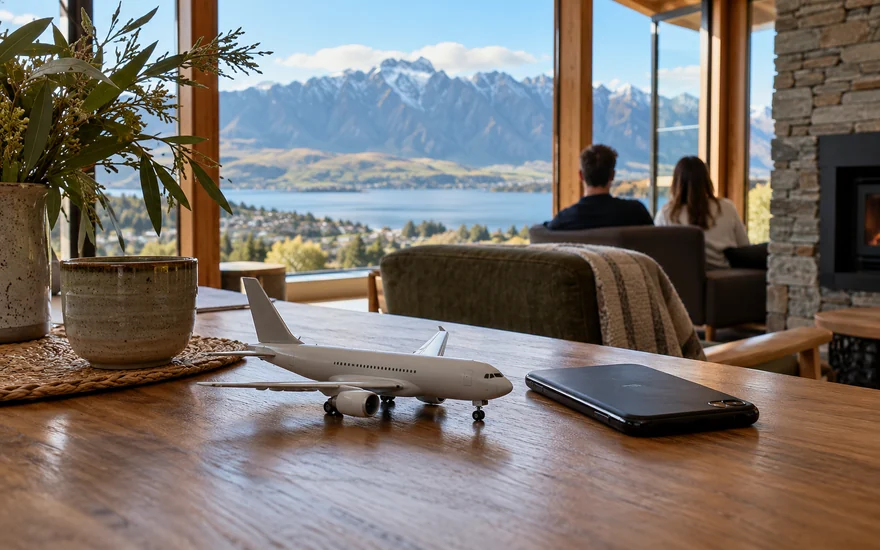 Aviator NZ: an unmarked model aircraft beside a phone in a Queenstown lakeside lodge