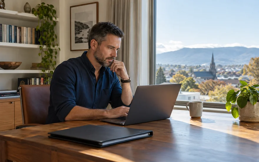 Bank transfer casino NZ: an adult reviewing a laptop and plain banking folder in a New Zealand study