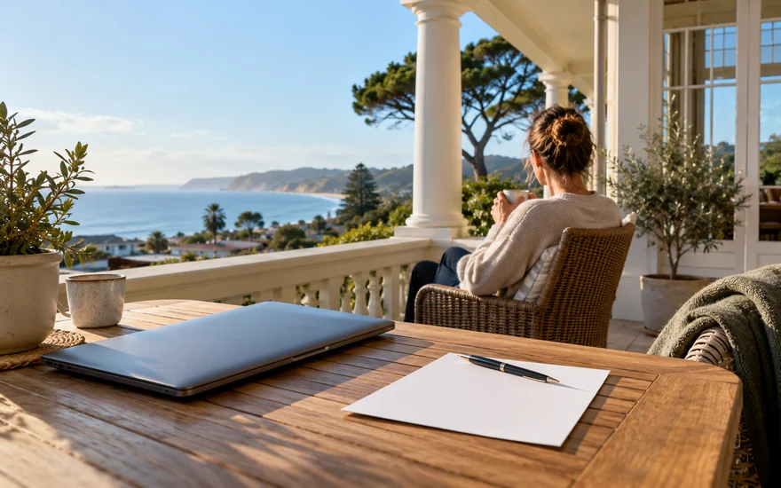 Bank transfer casino NZ: a blank payment slip, pen and closed laptop on a coastal New Zealand verandah