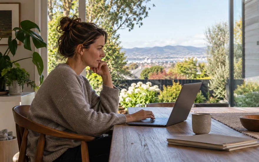 Best casino sites NZ: an adult considering a laptop beside a garden window in a New Zealand house