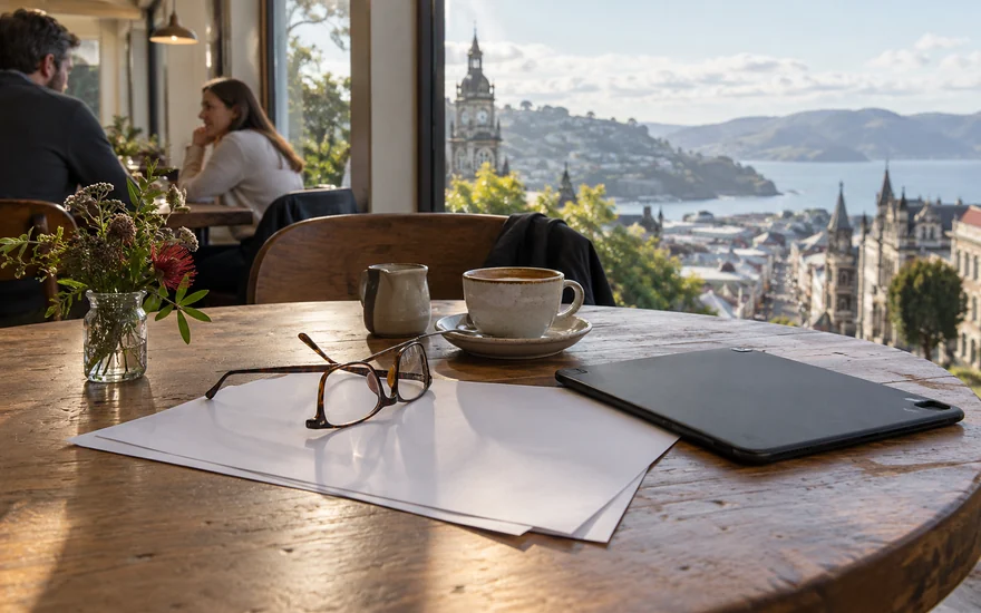 Best casino sites NZ: reading glasses, plain papers and a closed laptop on a cafe table above a New Zealand town