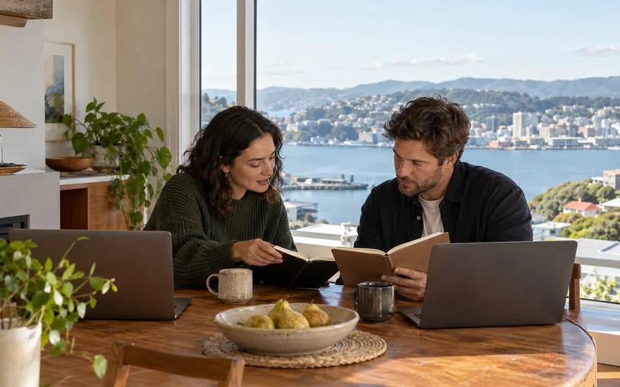 Best NZ online casino: two adults comparing account notes at a New Zealand apartment dining table