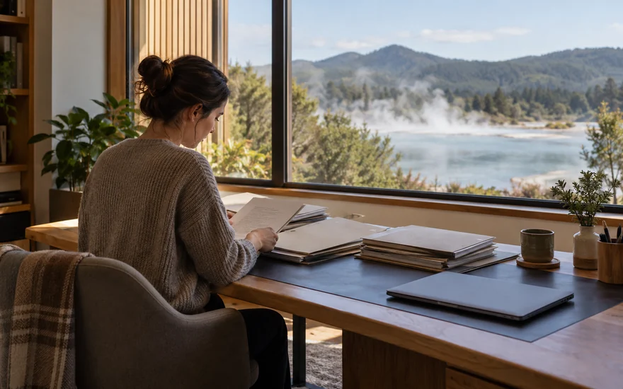 Best NZ online casino: an adult sorting plain folders at a desk beside a New Zealand lake view