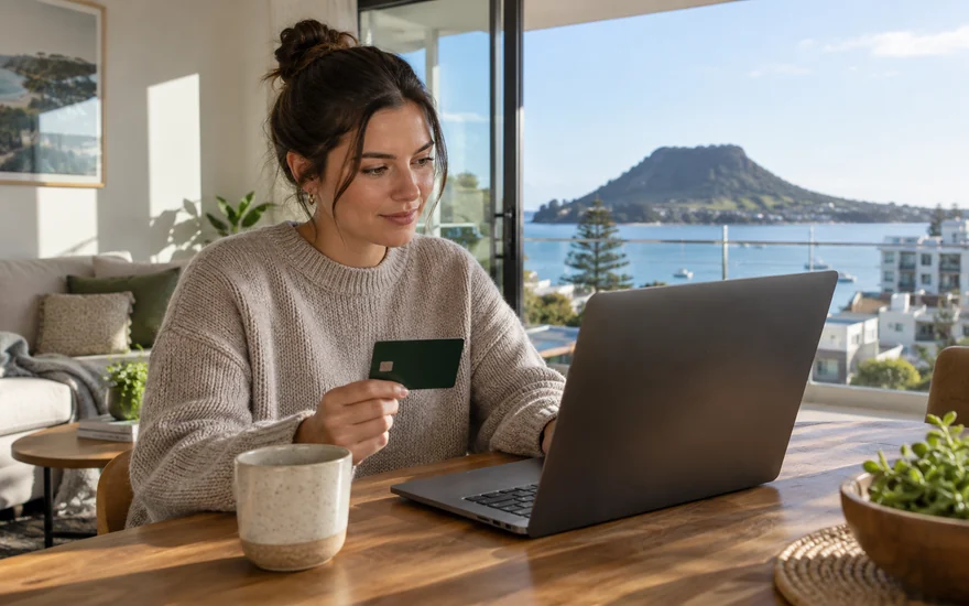 Mastercard casino NZ: an adult holding an unmarked bank card beside a laptop in a coastal New Zealand home