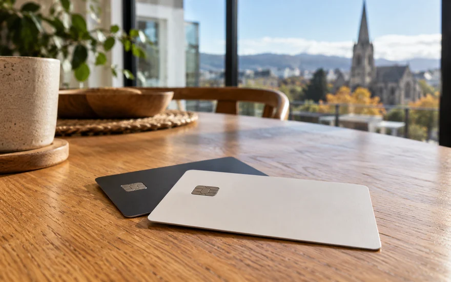 Mastercard casino NZ: two plain bank cards with metallic chips on a timber table in a New Zealand apartment