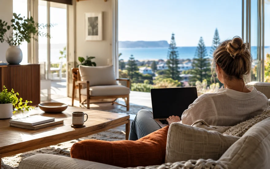 Casino bonus NZ: an adult reading beside a laptop in a sunny coastal New Zealand lounge