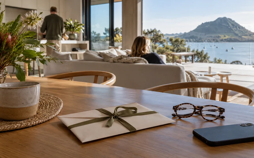 Casino bonus NZ: a ribbon-wrapped plain envelope and reading glasses on a New Zealand kitchen table