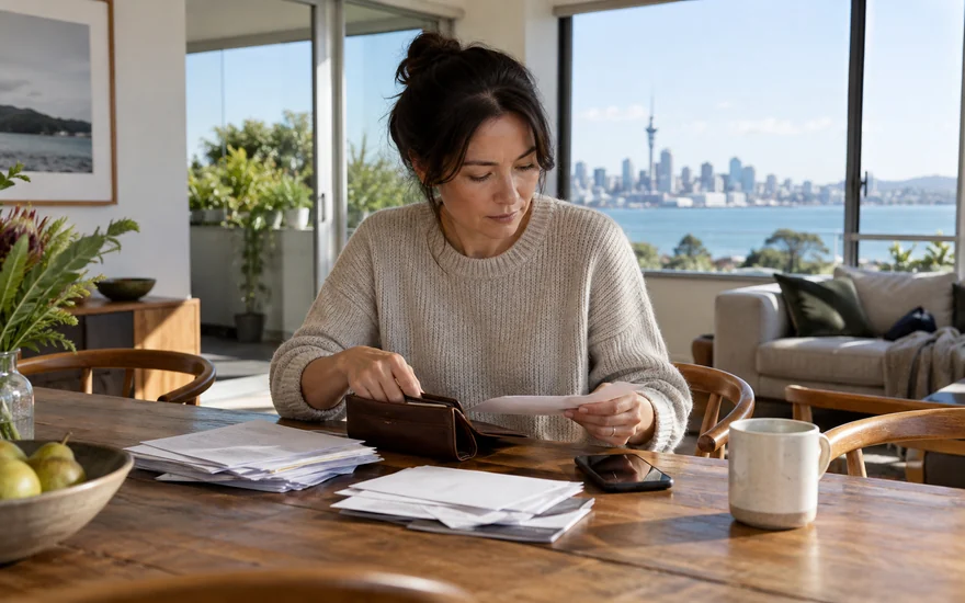 Casino payment methods NZ: an adult organizing a wallet and payment papers at an Auckland dining table
