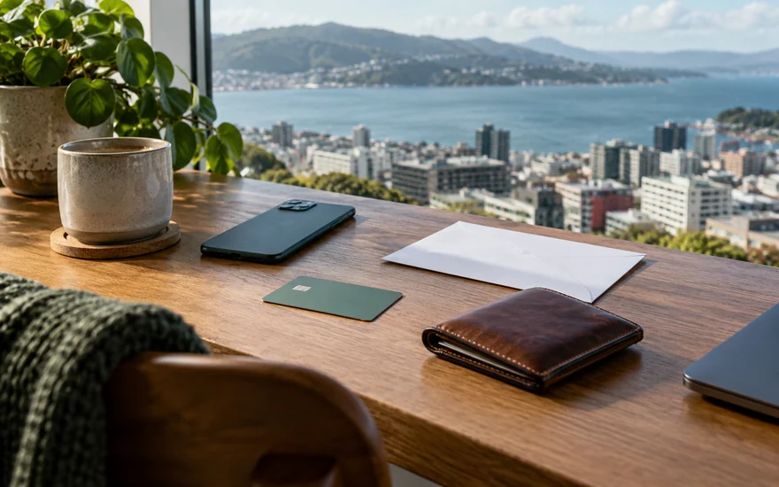 Casino payment methods NZ: a plain bank card, phone and wallet on a desk overlooking Wellington Harbour