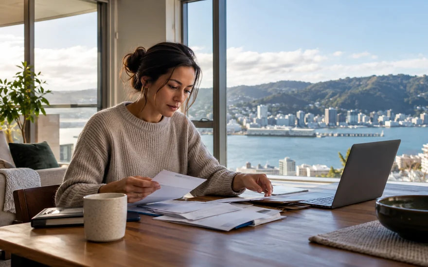 Fastest payout online casino NZ: an adult organizing payment records at a desk overlooking Wellington Harbour