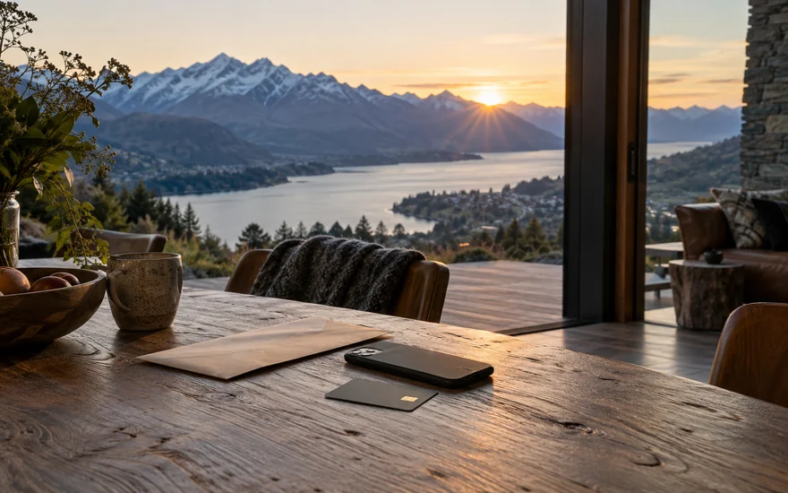 Fastest payout online casino NZ: a phone, plain envelope and card on a Queenstown cabin table at dawn