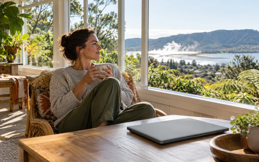 Free spins NZ: an adult taking a break beside a closed laptop in a New Zealand sunroom