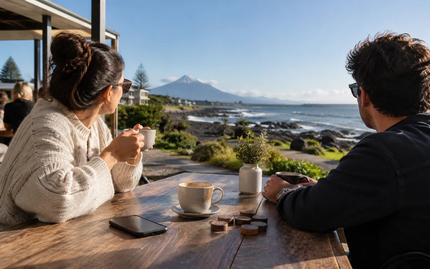 Free spins NZ: two adults having a quiet drink beside a phone on a coastal New Zealand cafe table