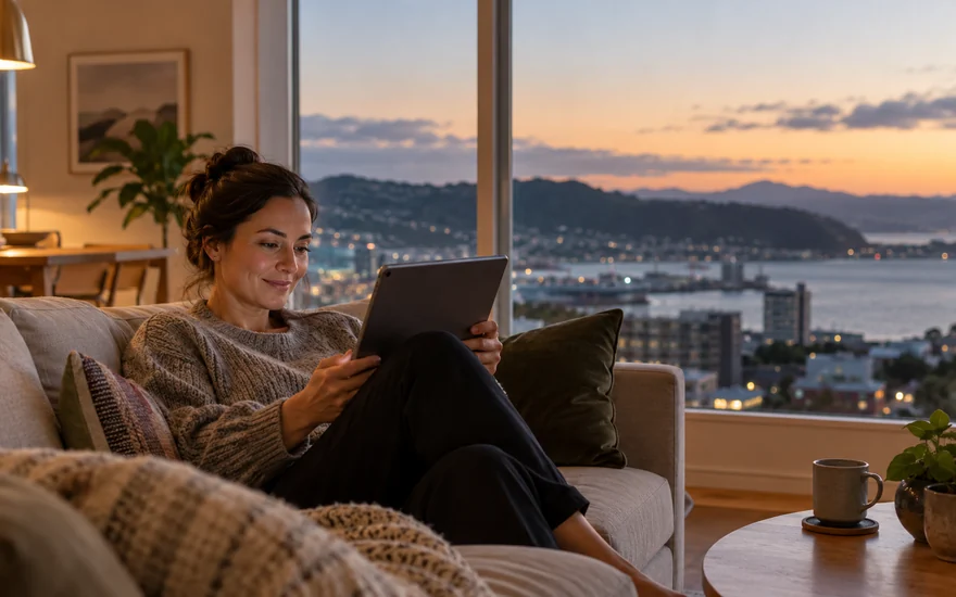 Live casino NZ: an adult looking at a tablet beside a Wellington harbour window at dusk
