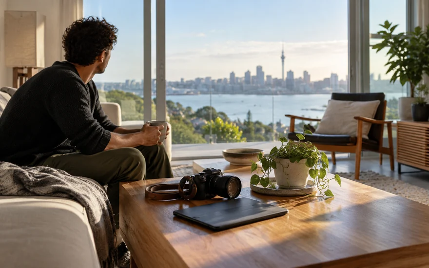 Live casino NZ: a camera and tablet on a coffee table in an Auckland living room