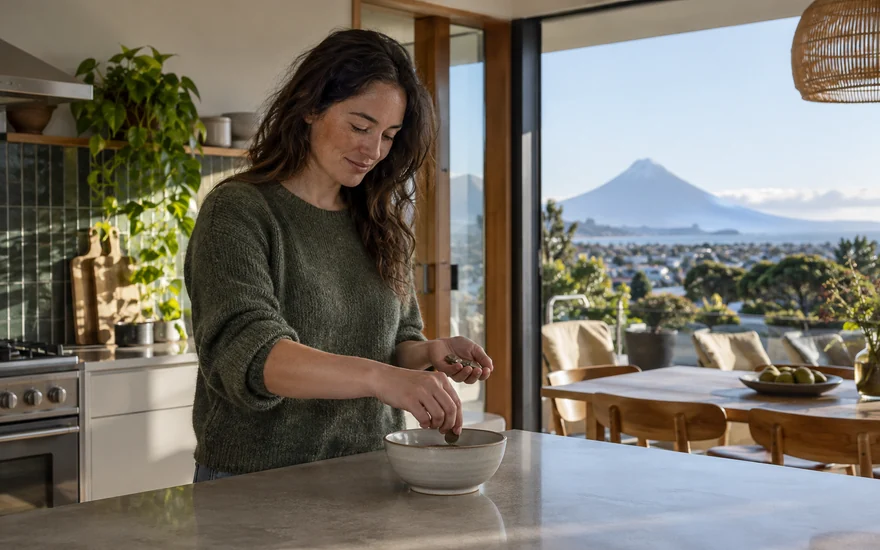 Minimum deposit casino NZ: an adult placing unmarked coins in a plain ceramic bowl in a New Zealand kitchen