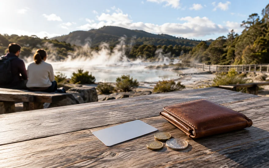 Minimum deposit casino NZ: plain coins and a closed wallet on a table beside a steaming New Zealand lake