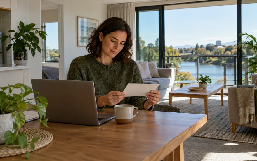 No deposit bonus NZ: an adult examining a blank voucher beside a laptop in a New Zealand apartment