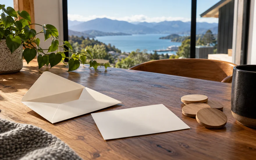 No deposit bonus NZ: an empty gift envelope and plain wooden tokens on a New Zealand cottage table