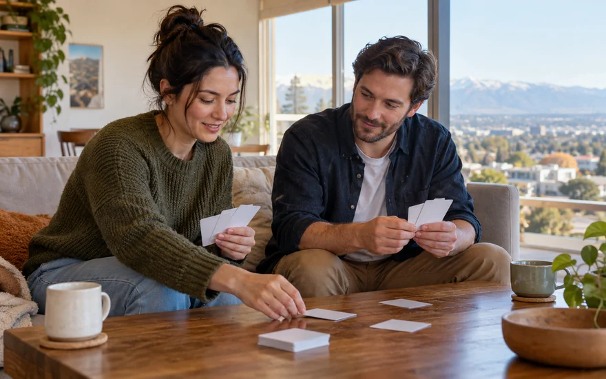 Blackjack online NZ: two adults holding plain playing cards at a table in a New Zealand apartment