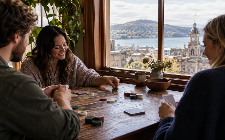 Blackjack online NZ: adults learning a card game with unmarked cards at a New Zealand cafe table