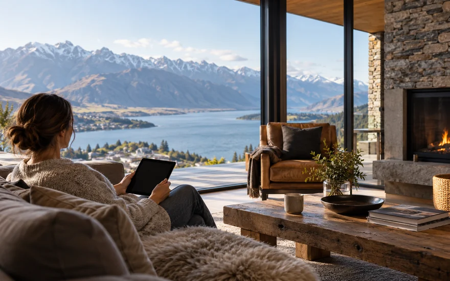 Online slots NZ: an adult using a tablet in a lodge lounge overlooking a mountain lake near Queenstown