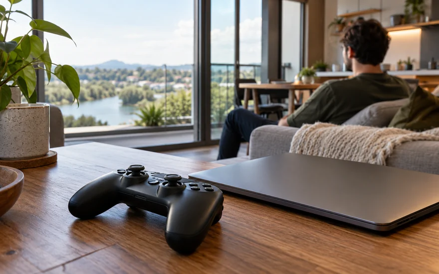 Online slots NZ: a plain game controller beside a closed laptop in a New Zealand living room