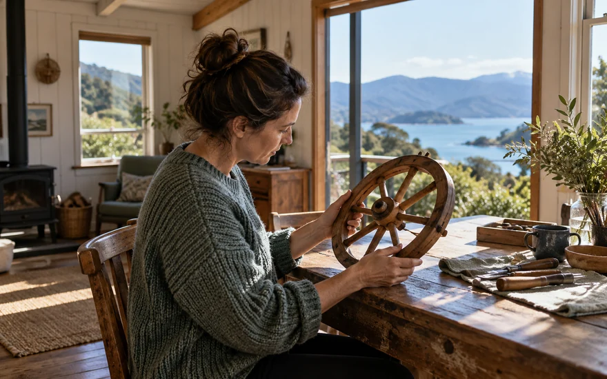 Roulette online NZ: an adult examining an unnumbered wooden wheel at a New Zealand hobby desk