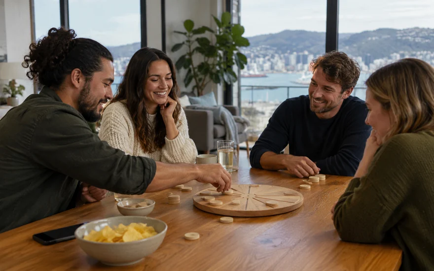 Roulette online NZ: adults discussing an unmarked circular game board at a New Zealand dining table