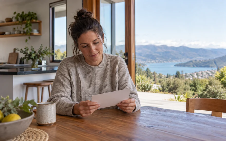 Paysafecard casino NZ: an adult checking an unmarked paper voucher at a New Zealand kitchen table