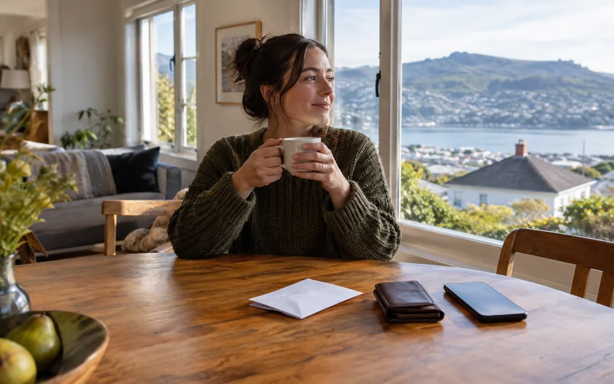 Paysafecard casino NZ: a folded plain voucher, wallet and phone on a New Zealand home dining table